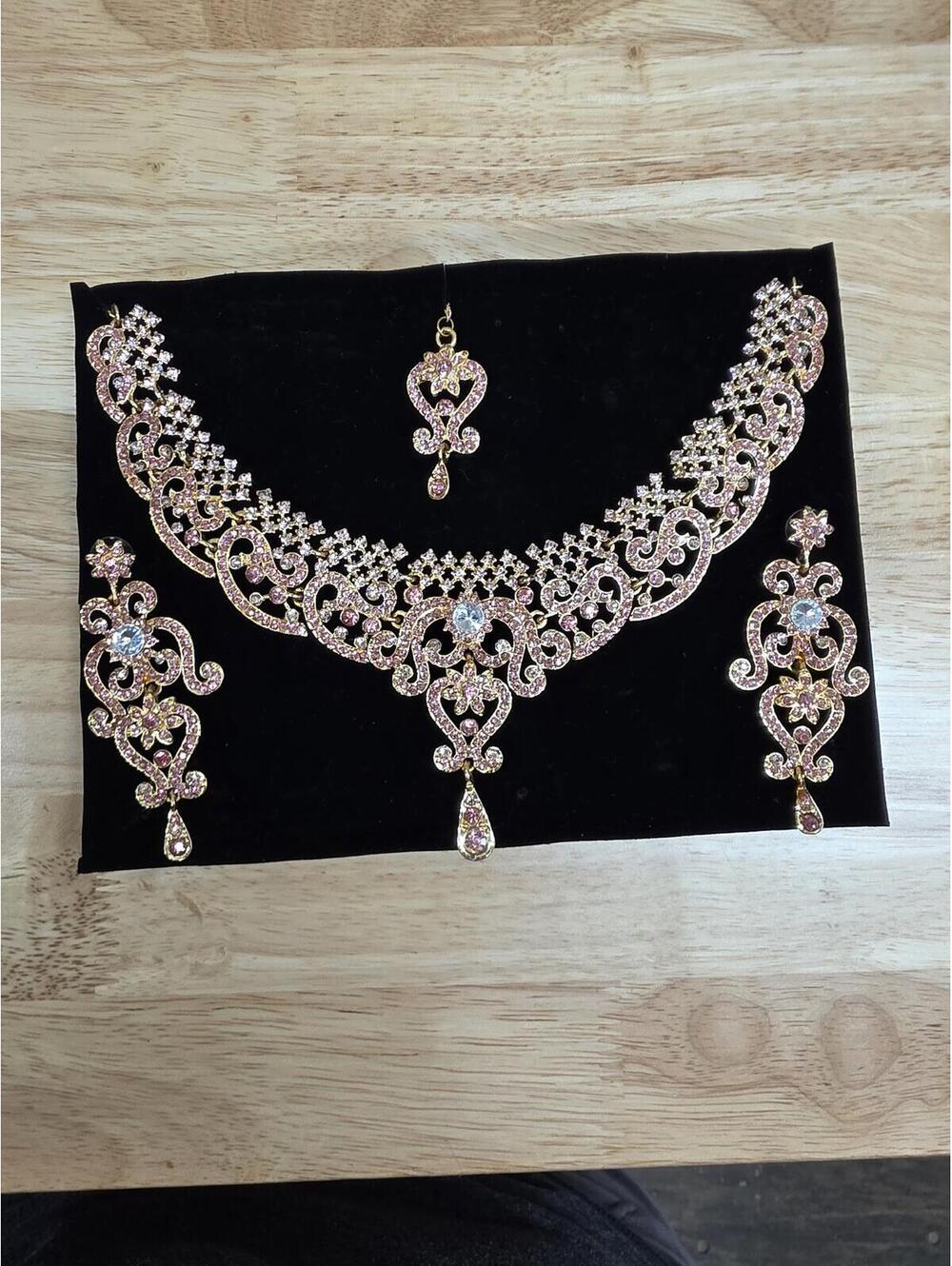 Gold-Tone Pink Crystal Filigree Necklace & Earring Set